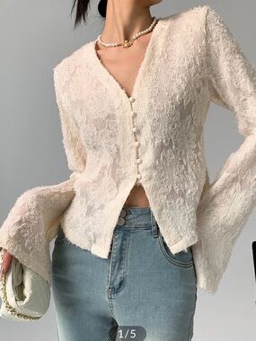 Commense Semi - Sheer V neck Ruffle long sleeve blouse